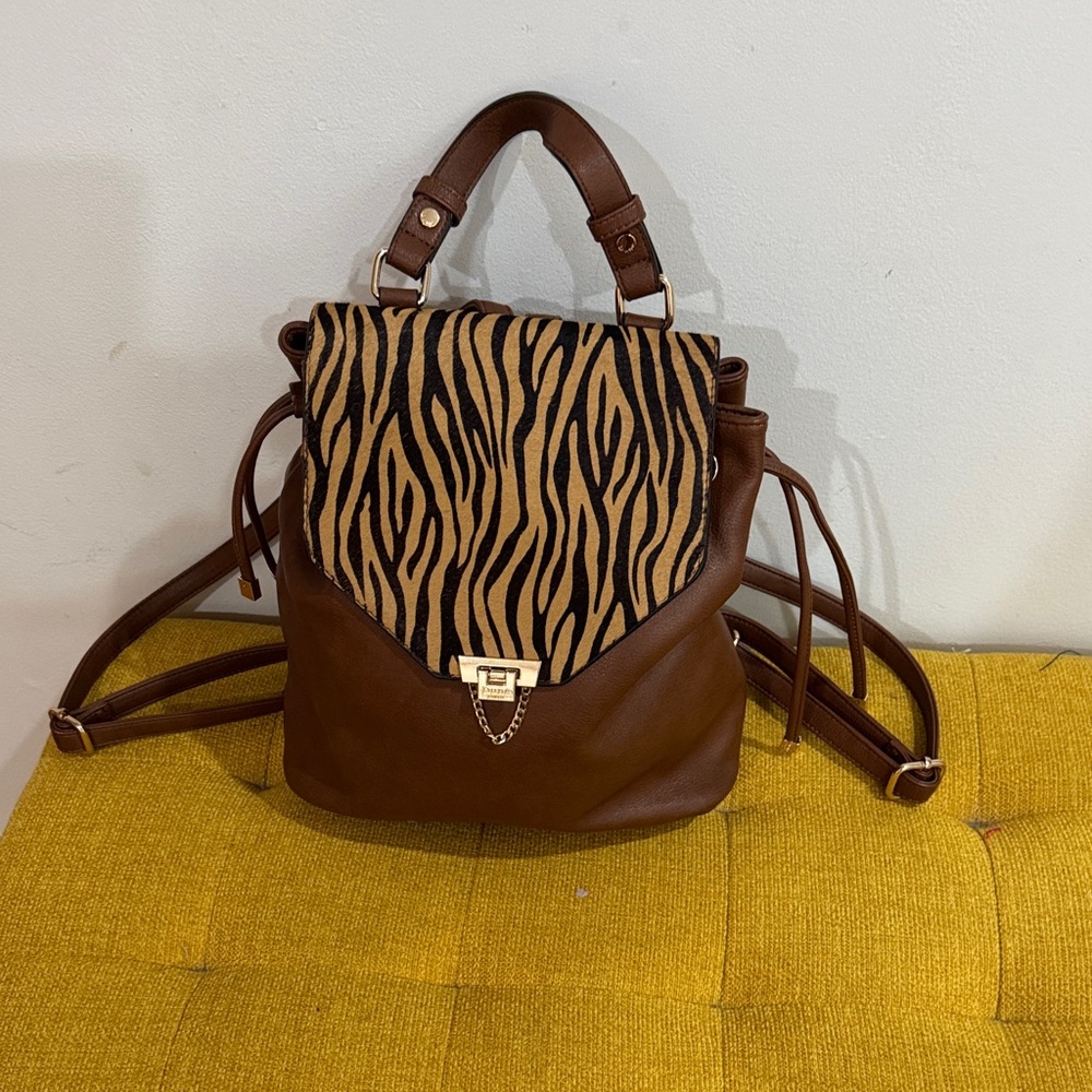 Dune London Brown Backpack with Zebra Print
